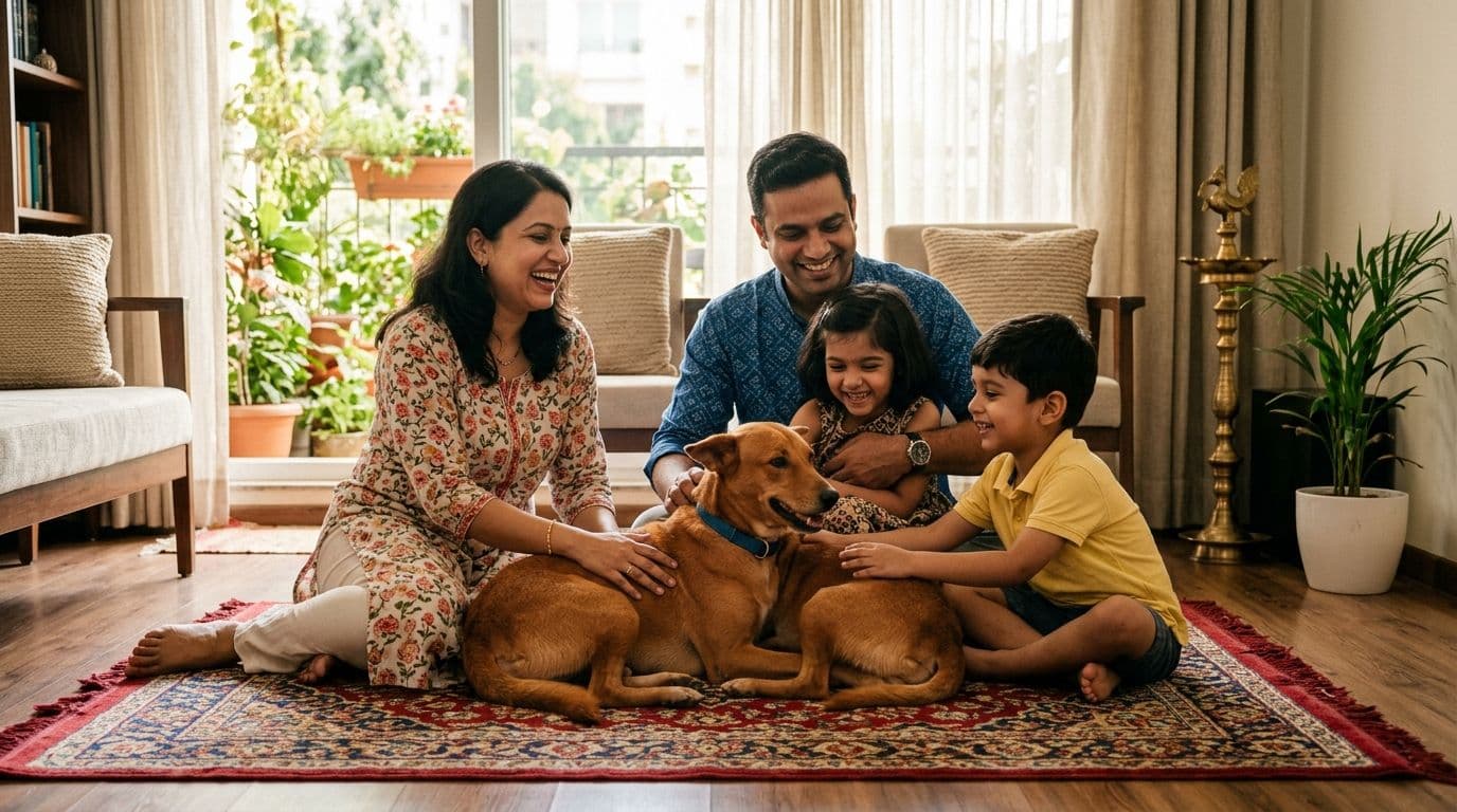 A happy Indian family, including parents and two children, smiling warmly as they gently pet a friendly, medium-sized street dog (Indi-dog) on a colourful rug in their modern living room, bathed in warm afternoon light.