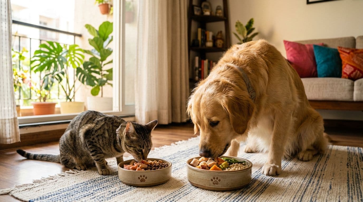 A happy Indian Golden Retriever and a sleek Indian street cat sharing a meal, with bowls of balanced pet food, in a sunlit modern Indian living room, symbolizing harmonious pet nutrition.