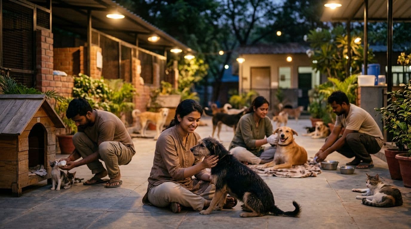 A group of dedicated Indian volunteers gently tending to rescued stray dogs and cats in a clean, open-air animal shelter, with one volunteer offering water to a Golden Retriever and another petting a tabby cat.