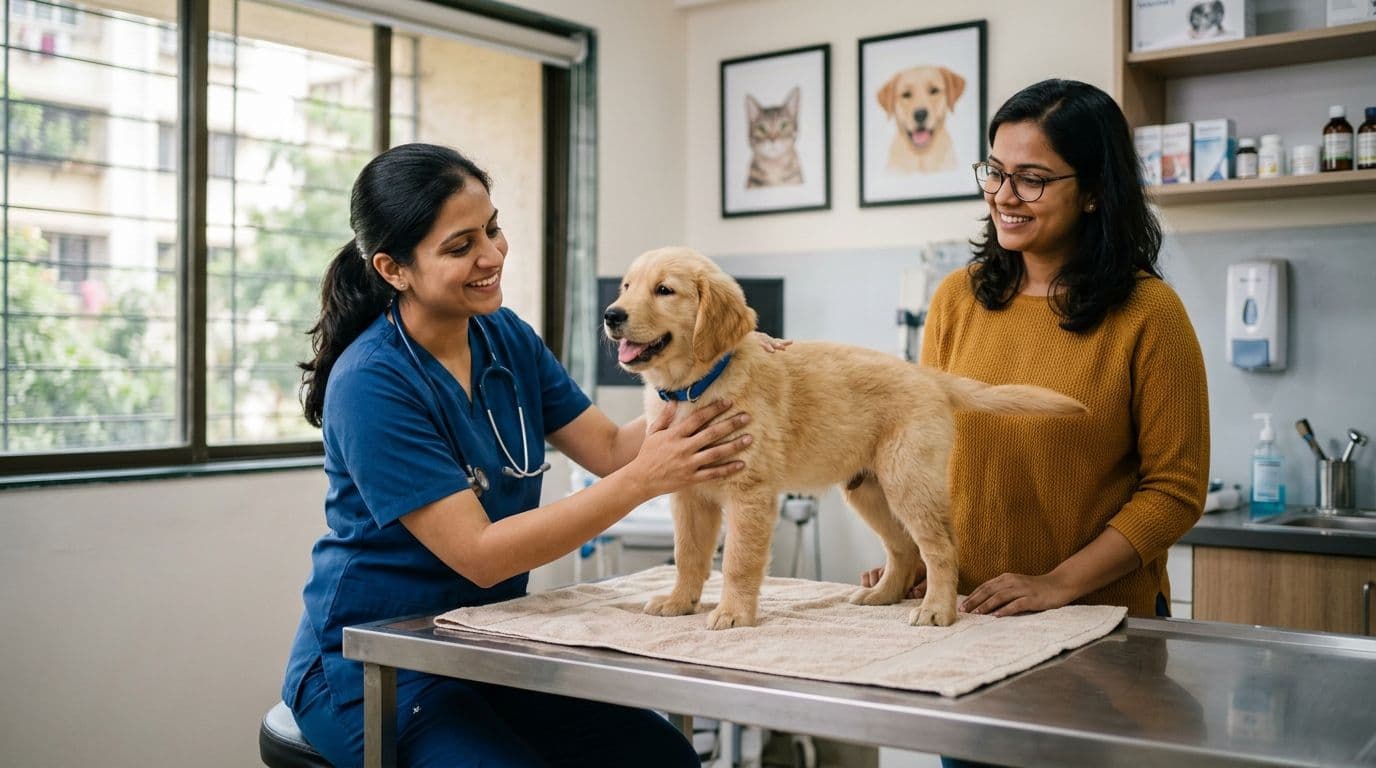 A gentle Indian veterinarian in a modern clinic examines a happy Golden Retriever puppy on an examination table, while a caring Indian pet owner looks on, highlighting preventive pet care.