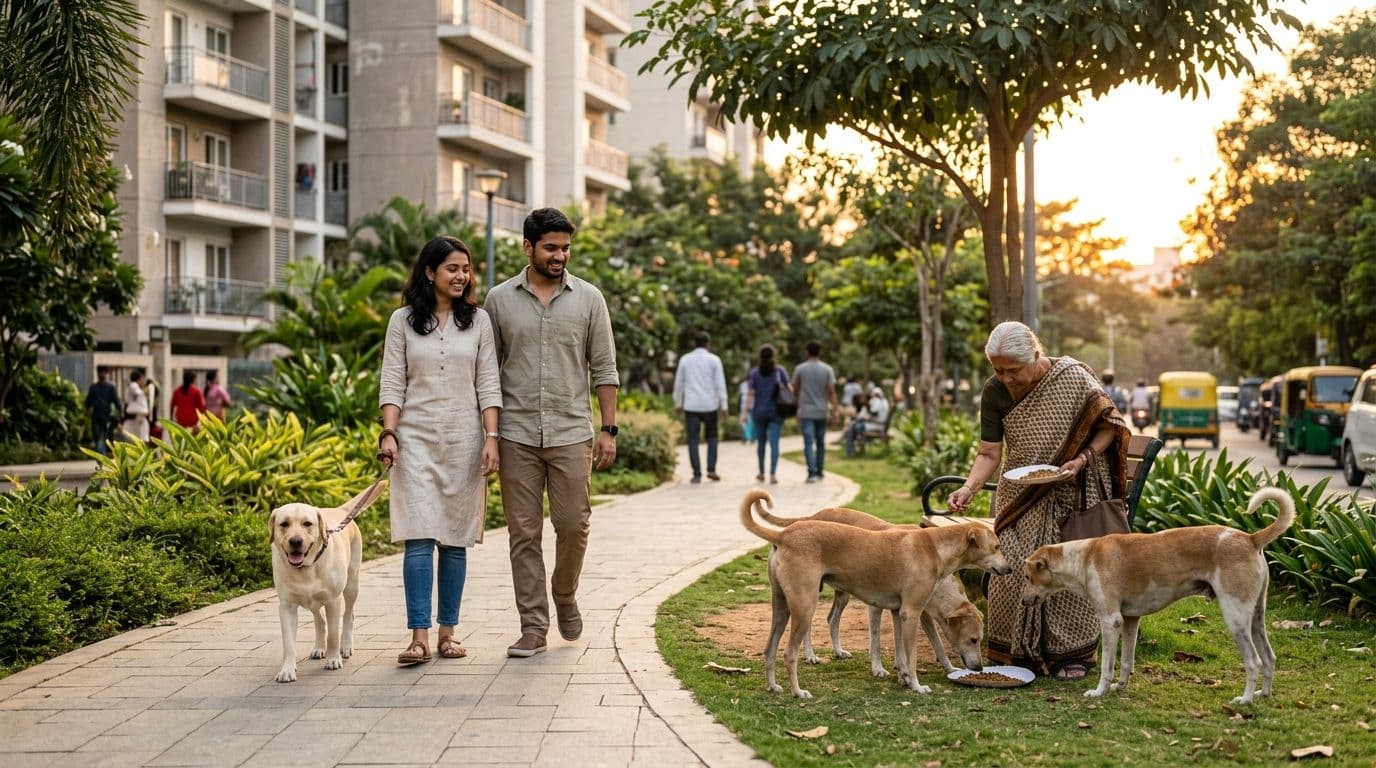 A diverse group of Indian pet owners and animal feeders, including a family with a Golden Retriever, an elderly woman feeding stray dogs, and a young man with a rescued cat, gathered in a park with a subtle backdrop of an Indian city skyline, representing harmony and legal awareness.
