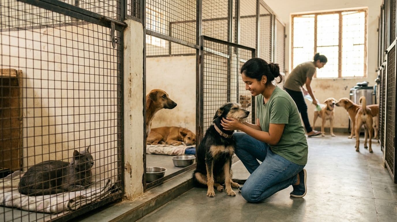 A dedicated Indian shelter worker gently comforting a rescued stray dog with matted fur and a worried expression inside a clean, well-lit enclosure, showcasing compassion and care.
