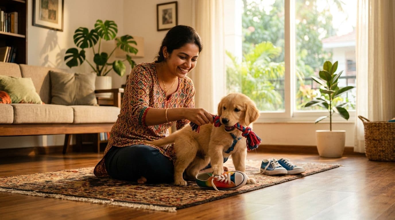 A calm Indian pet owner gently redirecting a playful Golden Retriever puppy from a shoe to a chew toy in a brightly lit living room, demonstrating positive reinforcement for good behavior.