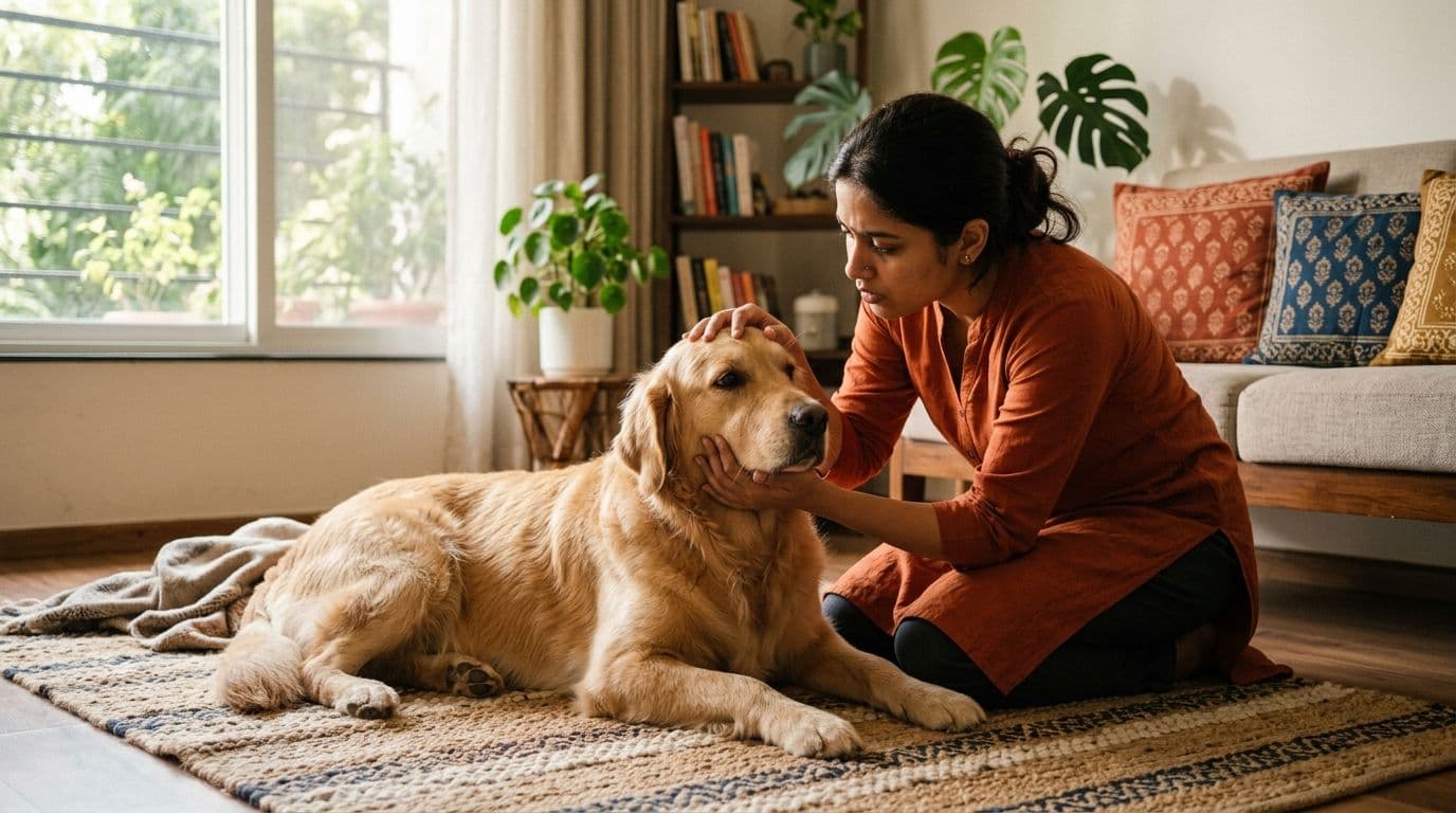 A concerned Indian pet owner gently checking their dog's paw, a golden retriever, on a soft rug in a well-lit living room, highlighting the bond and the importance of health checks.