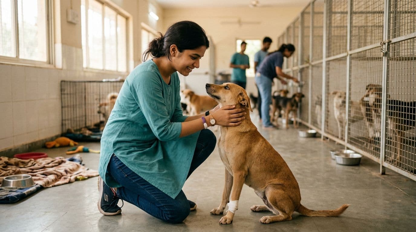 A kind Indian woman volunteer gently petting a rescued street dog with a bandage on its leg, inside a clean, well-lit animal shelter in an Indian city.