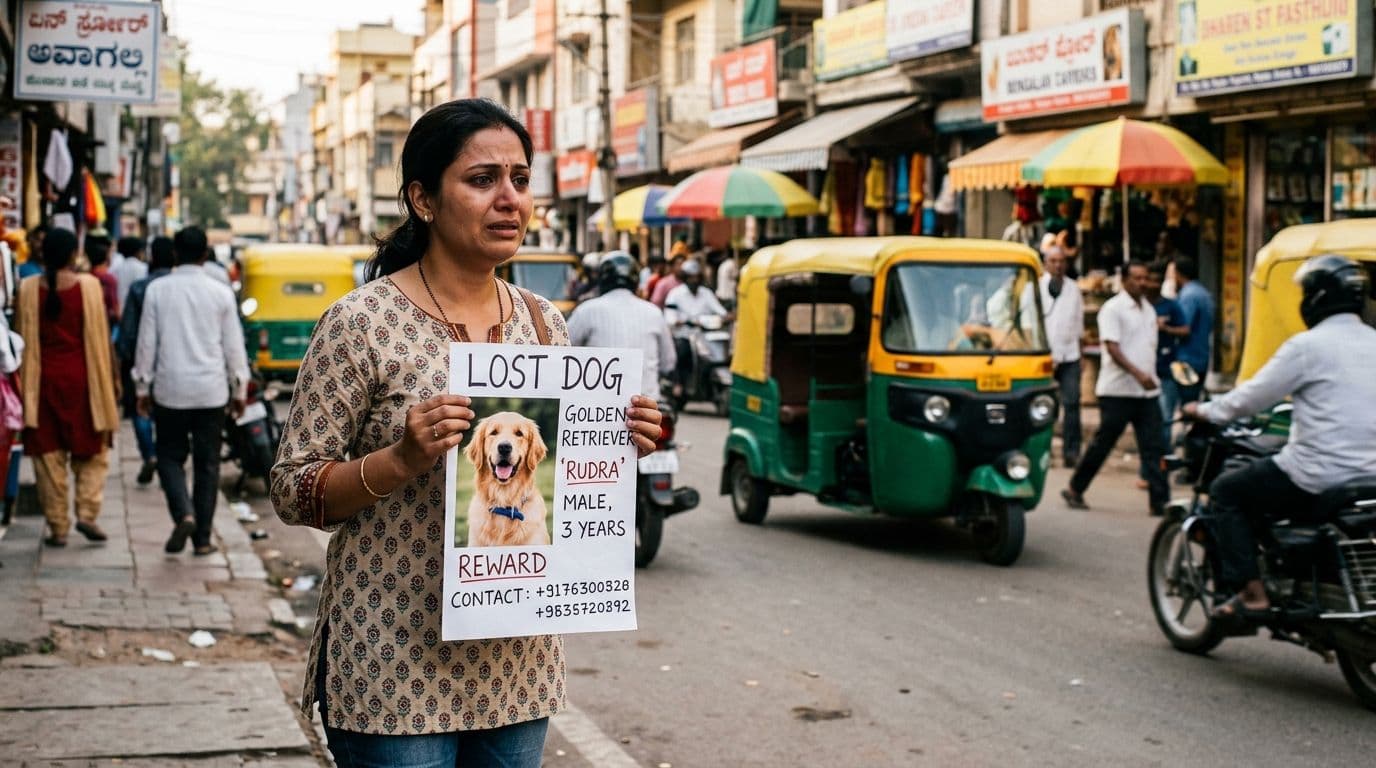 A distraught Indian woman in a traditional kurti looking at a 'Lost Pet' poster featuring a Golden Retriever, with a concerned expression, standing in a busy urban Indian street.